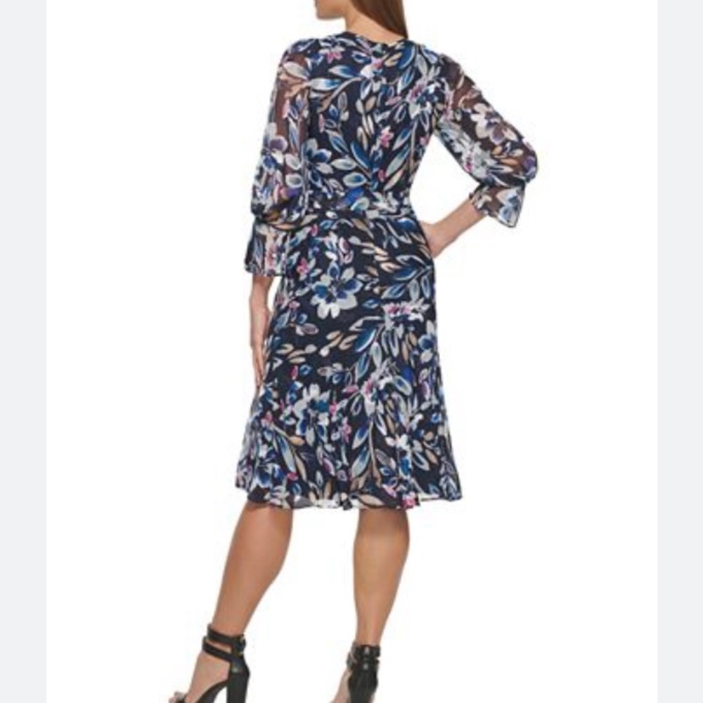 DKNY Floral Long Sheer Sleeve A Line Midi Modest Belted Dress 2 Navy - Picture 2 of 13